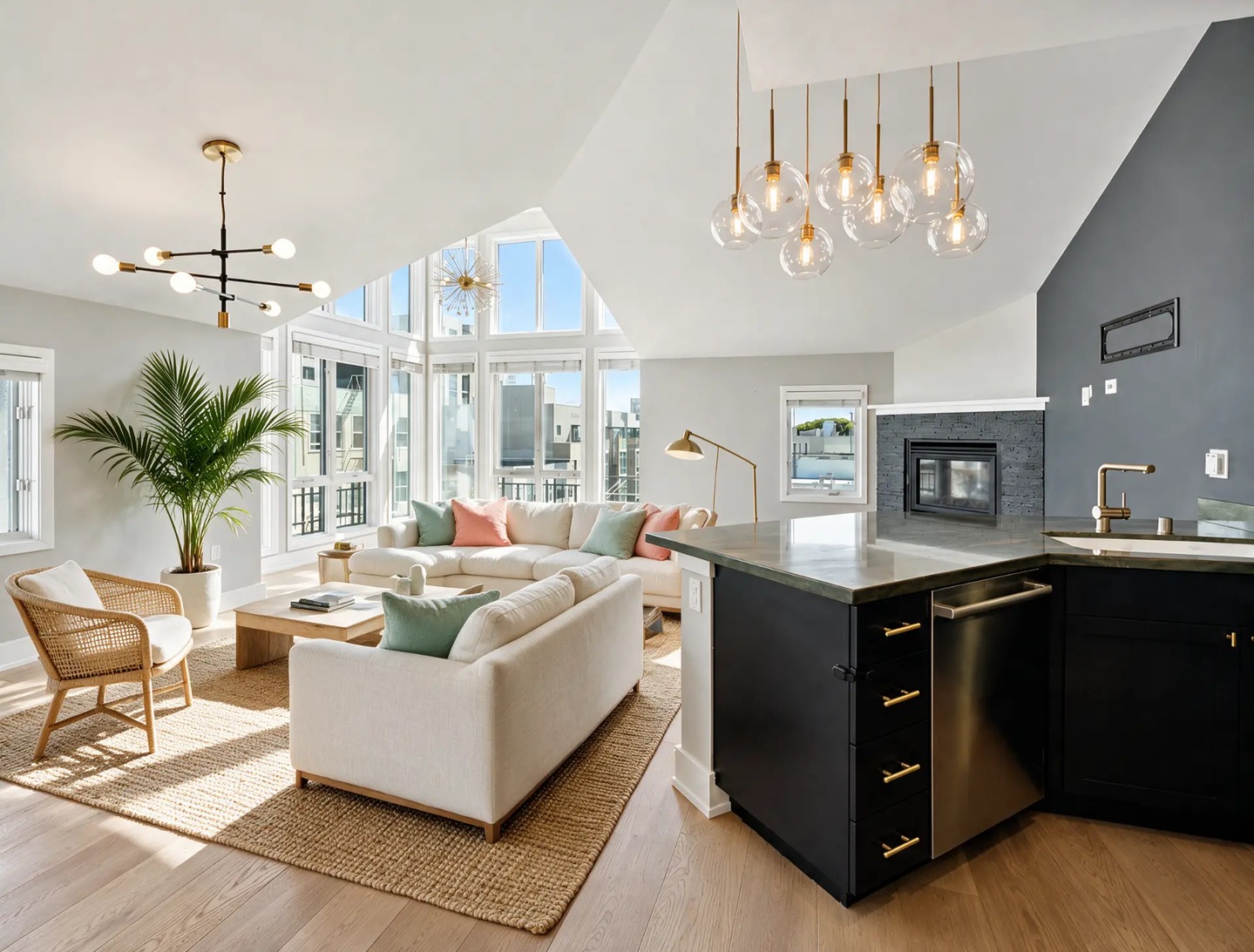 Open-concept great room virtual staging — after AI enhancement