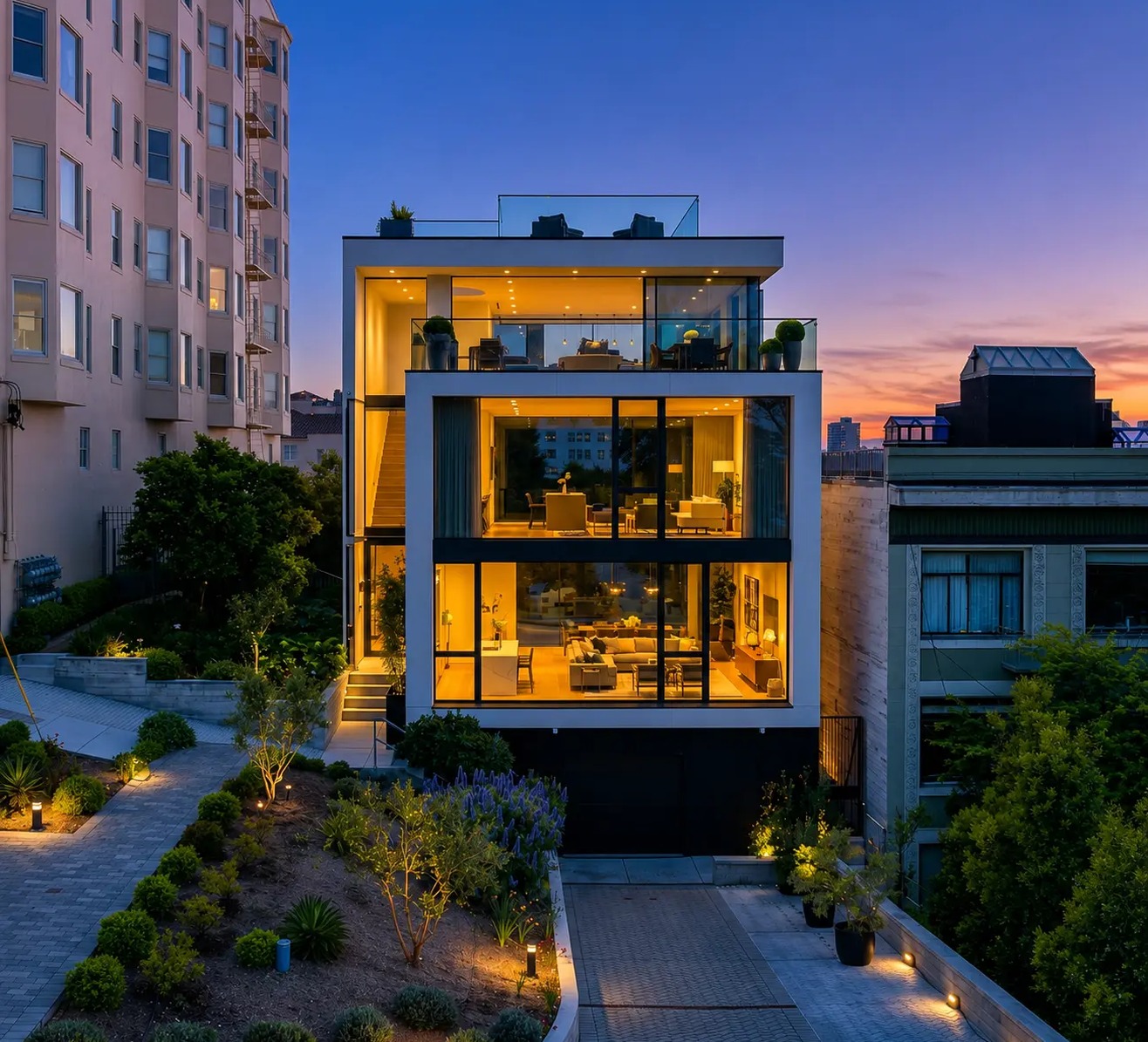 Modern home front elevation — after AI enhancement