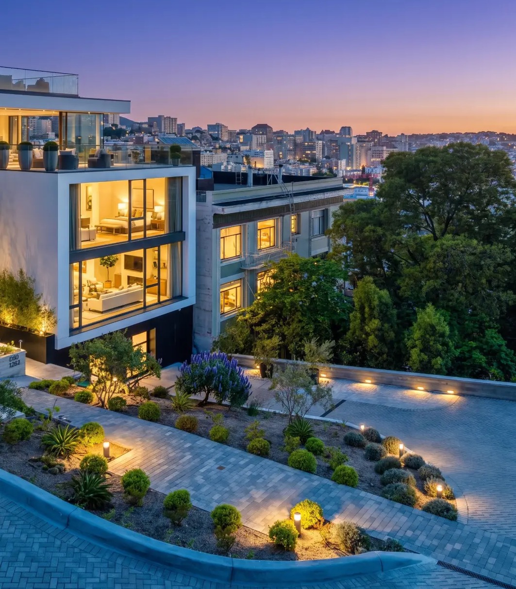 Home exterior with landscaped path — after AI enhancement