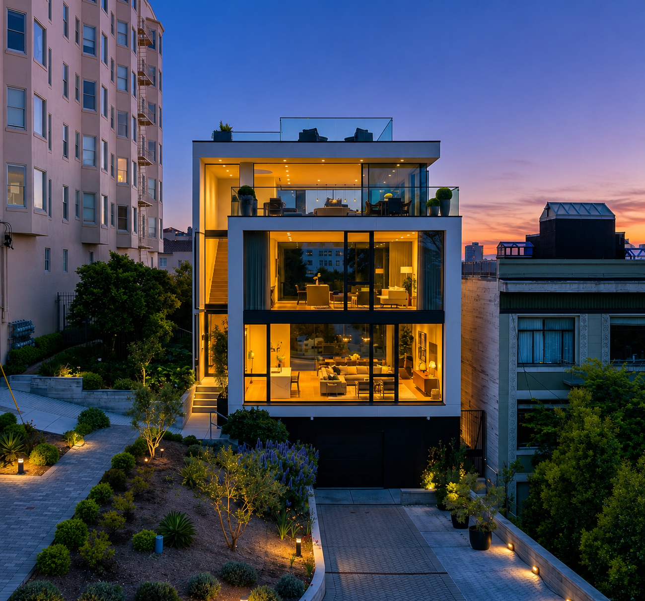 Twilight exterior photo of a home